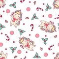 Christmas seamless pattern with cute unicorn, sweets, candy cane and holly isolated on white background