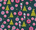 Christmas seamless pattern. Cute vector festive background woth vintage Christmas decorations, stilyzed Christmas tree,