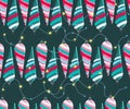 Christmas seamless pattern. Cute vector festive background woth vintage Christmas decorations, stilyzed Christmas tree,