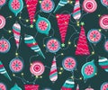 Christmas seamless pattern. Cute vector festive background woth vintage Christmas decorations, stilyzed Christmas tree,