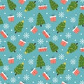 Christmas seamless pattern. Cute xmas different trees with decorations, winter holiday attributes, new year gifts and