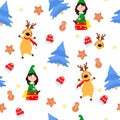 Christmas seamless pattern, dancing deer, elves with gifts, blue Christmas trees, red mittens, gingerbread on a white background. Royalty Free Stock Photo