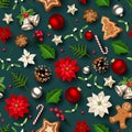Christmas seamless pattern on a dark green background. Vector illustration. Royalty Free Stock Photo