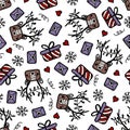 Christmas seamless pattern with deer face, gift box, envelope, snowflake and heart. In doodle style, on a white background Royalty Free Stock Photo