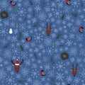 Christmas seamless pattern with deer, pinguin, bullfinch