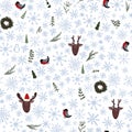 Christmas seamless pattern with deer, pinguin, bullfinch