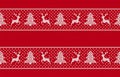 Christmas Seamless Pattern With Deers And Trees. Red Knit Print. Knitted Sweater Background. Xmas Geometric Texture