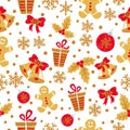 Christmas seamless pattern with doodle bells, balls, snowflakes. Royalty Free Stock Photo