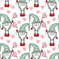 Christmas seamless pattern drawn by cute funny gnomes with balls and hearts. Textiles for children, festive