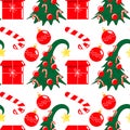 Christmas seamless pattern, drawn funny Christmas trees, balls and candies. Decor for textiles, festive paper.