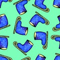 Christmas seamless pattern drawn by hand. Blue skates on a grren background .New year
