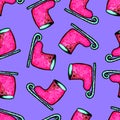 Christmas seamless pattern drawn by hand. Pink skates on a blue background .New year