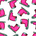 Christmas seamless pattern drawn by hand. Pink skates on a white background .New year