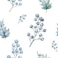 Christmas seamless pattern in engraving style. Vintage. Botanical background with coniferous plants, ferns and berries