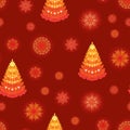 Christmas seamless pattern with festive golden fireworks, Christmas trees on red background. Royalty Free Stock Photo