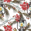 Christmas seamless pattern with fir branches, with rustic lantern and poinsettia flowers