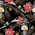 Christmas seamless pattern with fir branches, with rustic lantern and poinsettia flowers