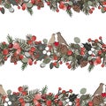 Christmas seamless pattern with fir tree branches, berries, ilex, eucalyptus, birds and pine cones garland. Holidays Royalty Free Stock Photo