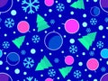Christmas seamless pattern with fir trees, snowflakes and Christmas balls. 80s Memphis geometric Xmas tree decorations. Holiday Royalty Free Stock Photo