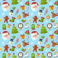 Christmas seamless pattern with flat Santa, deer, gingerbread