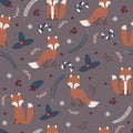 Christmas seamless pattern with fox background, Winter pattern with holly berry, wrapping paper, winter greetings, web page