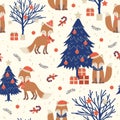 Christmas seamless pattern with fox background, Winter pattern with christmas tree, wrapping paper, pattern fills