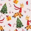 Christmas seamless pattern with funny giraffe, Christmas tree and gift box