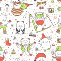 Christmas seamless pattern with funny monsters, personage, Cartoon animals Royalty Free Stock Photo