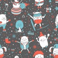 Christmas seamless pattern with funny monsters, personage, hand-drawn characters Royalty Free Stock Photo