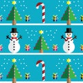 Christmas Seamless pattern with geometrical Snowman with scarf and with bow tie , gifts with ribbon, snow, sweets, xmas trees