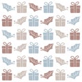 Christmas seamless pattern with gift boxes and mistletoe