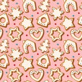 Christmas seamless pattern with gingerbread cookies on pink knitted background. Homemade biscuits in shape of house and Royalty Free Stock Photo
