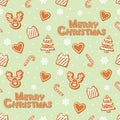 Christmas seamless pattern. Gingerbread cookies and snowflakes on pastel blue.