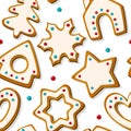 Christmas seamless pattern with gingerbread cookies on white background. Homemade biscuits in shape of house and Royalty Free Stock Photo