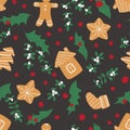 Christmas seamless pattern with gingerbread holly and mistletoe