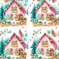 Christmas seamless pattern with gingerbread houses and snowflakes on white background generative AI animal ai