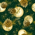 Christmas seamless pattern with golden realistic botanical ink sketch of fir tree branches with pine cone on snow Royalty Free Stock Photo