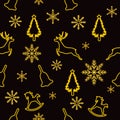 Christmas seamless pattern, golden strokes of Christmas tree, deer, Christmas bell, rocking horse and snowflakes on black backgrou