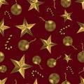 Christmas seamless pattern with golden toys, stars and candy. Festive burgundy and gold background