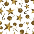 Christmas seamless pattern with golden toys, stars and candy. Festive white and gold background Royalty Free Stock Photo