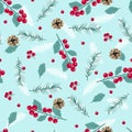 Christmas seamless pattern with green fir branches background, Winter pattern with holly berries, wrapping paper, pattern fills,