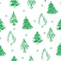 Christmas seamless pattern with hand draw green fir-trees and stars.