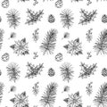 Christmas seamless pattern with hand drawn Christmas tree branches, cones and holly berries isolated on white background. Vector Royalty Free Stock Photo