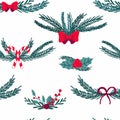 Christmas seamless pattern. Hand drawn leaves, fir tree, bell and sweet cone winter traditional xmas holiday, botanical decor Royalty Free Stock Photo