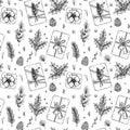 Christmas seamless pattern with hand drawn top view gift boxes, fir tree branches and cones, larch tree, holly, berries. Vector