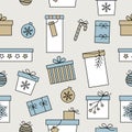 Christmas seamless pattern with hand drawn various decorated gift boxes in white blue and beige on light background. Retro vintage Royalty Free Stock Photo