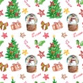 Christmas seamless pattern with hand painted red and green symbols of winter holidays.Christmas tree, snowman, candy cane Royalty Free Stock Photo