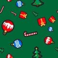 Christmas seamless pattern with holiday toys and symbols in flat cartoon style Royalty Free Stock Photo