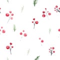 Christmas seamless pattern with holly berries and branches. Festive watercolor new year ornament for wrapping. Royalty Free Stock Photo