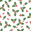 Christmas seamless pattern with holly berry. Green leaves, red berries festive design. Isolated on white background. Royalty Free Stock Photo